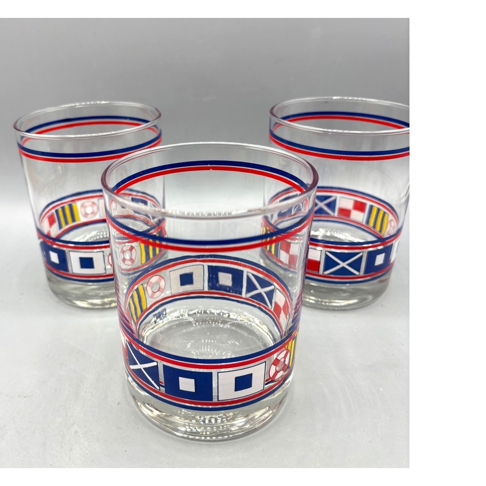 Gumps Nautical Signal Flag Old Fashioned Glasses Set of 3 Vintage Maritime Red